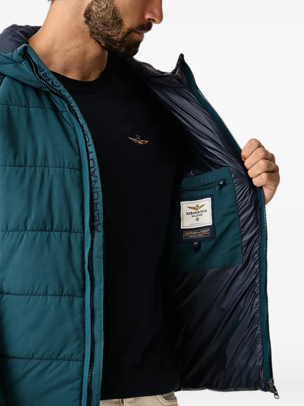 Aeronautica Militare Gewatteerd jack met capuchon en geribbelde vlakken Blauw