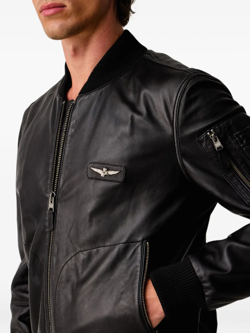 Aeronautica Militare Leren jack met logoplakkaat Zwart