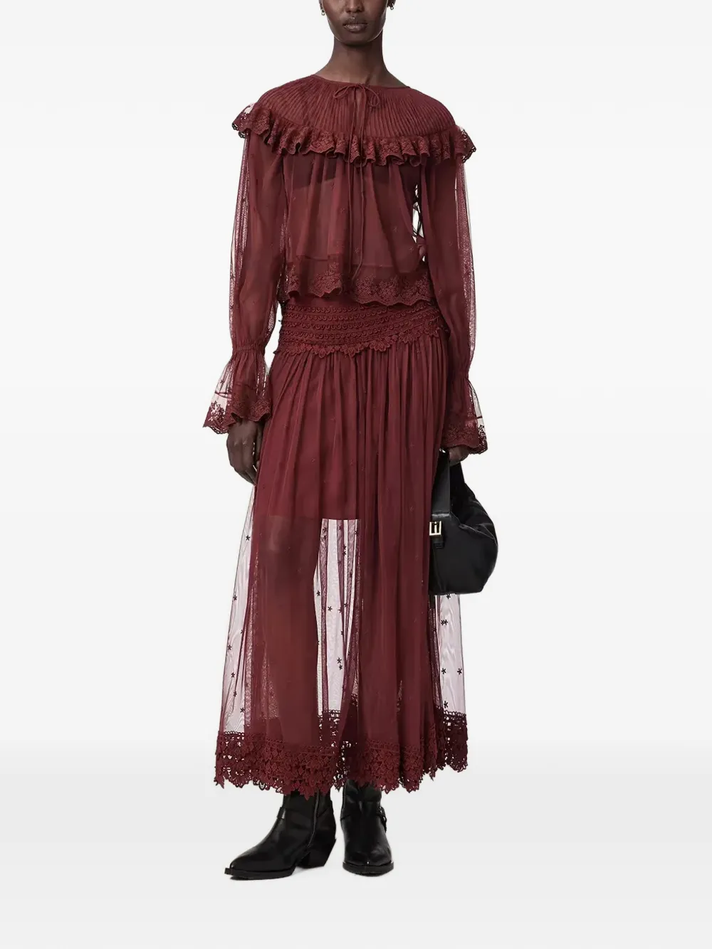AllSaints Shirt met ruches en kanten afwerking Rood
