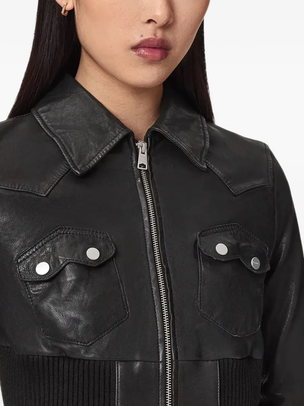 AllSaints Ribgebreid leren jack met vlakken Zwart
