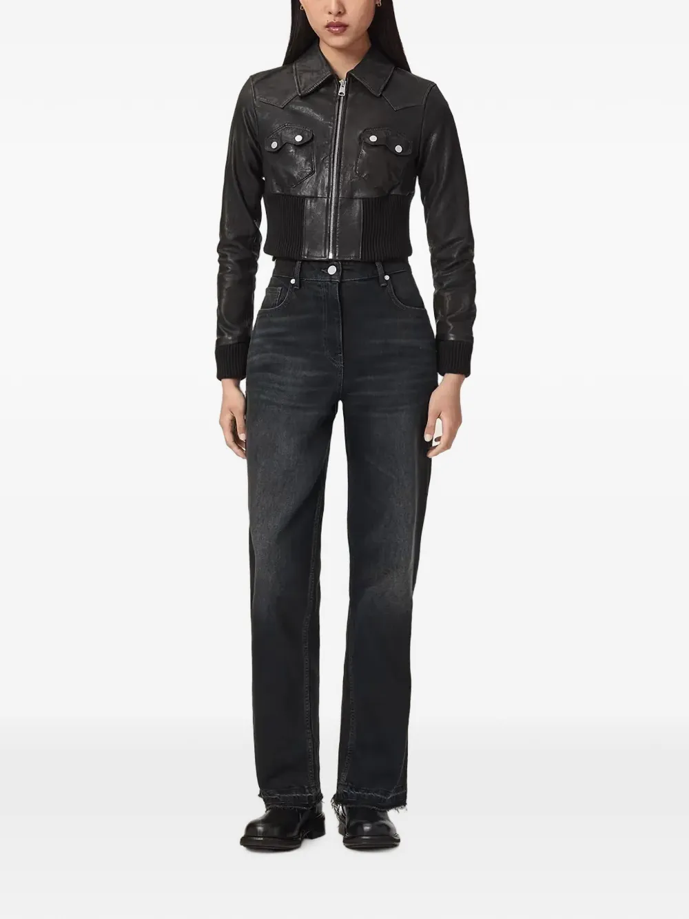 AllSaints Ribgebreid leren jack met vlakken Zwart
