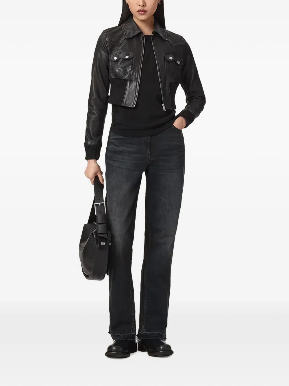 AllSaints Ribgebreid leren jack met vlakken Zwart