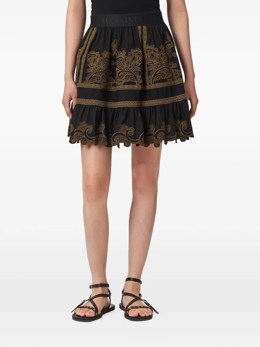 AllSaints embroidered ruffled skirt