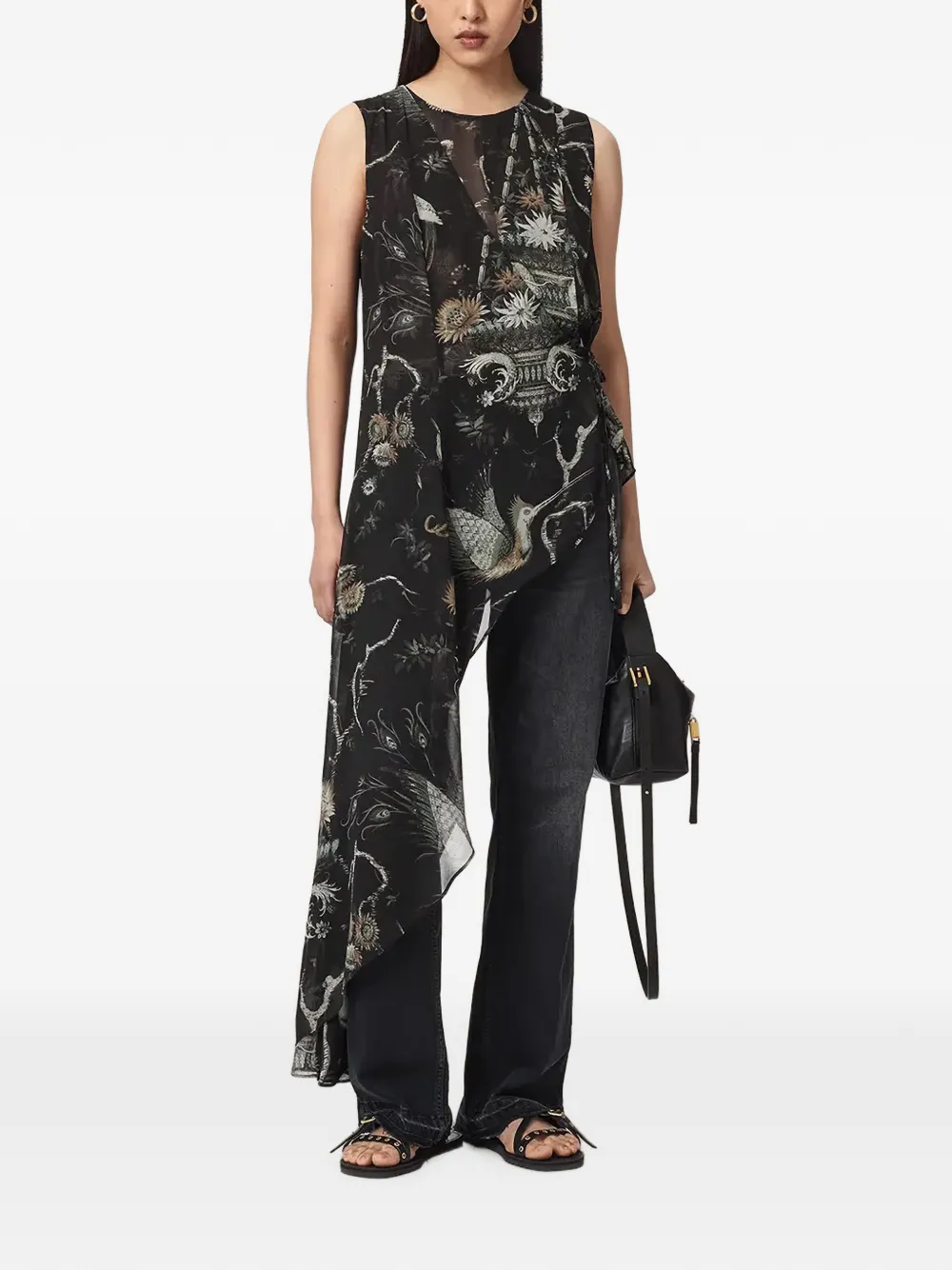 AllSaints Enola graphic-print asymmetric blouse Zwart