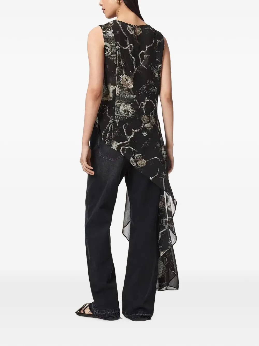 AllSaints Enola graphic-print asymmetric blouse Zwart