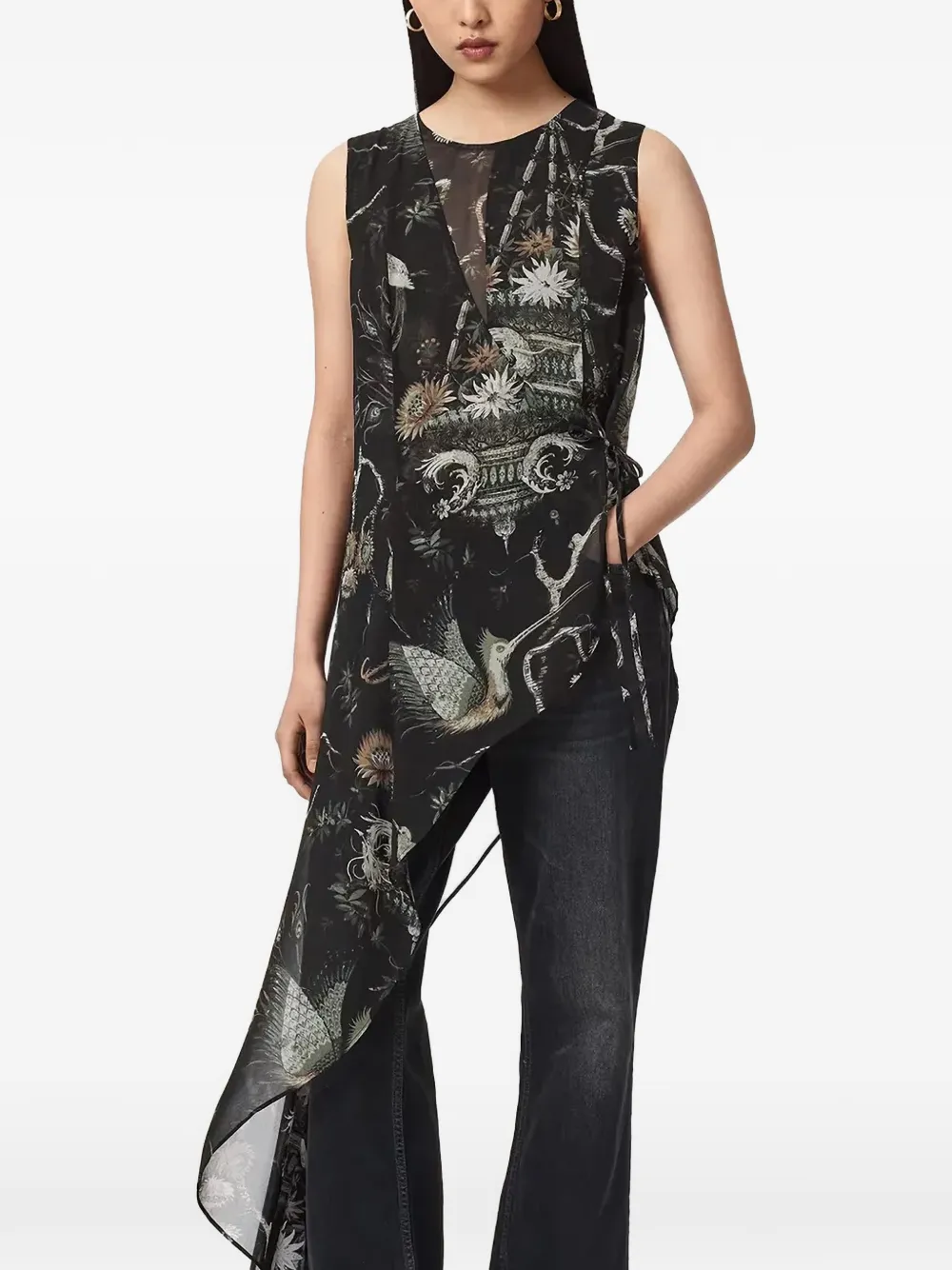 AllSaints Enola graphic-print asymmetric blouse Zwart