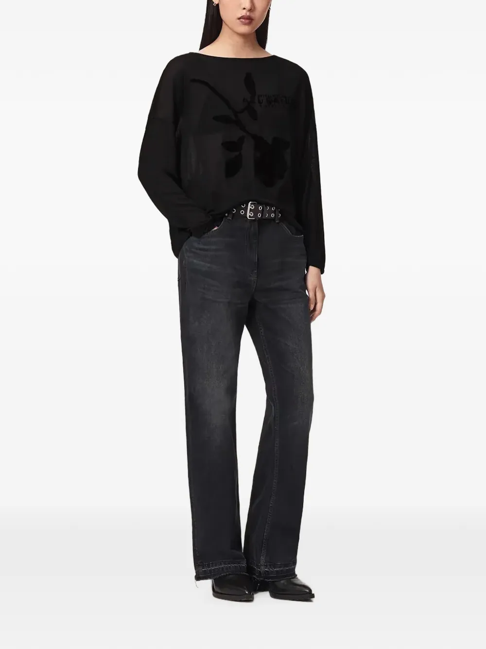 AllSaints Top met bloemen-devoré en boothals Zwart