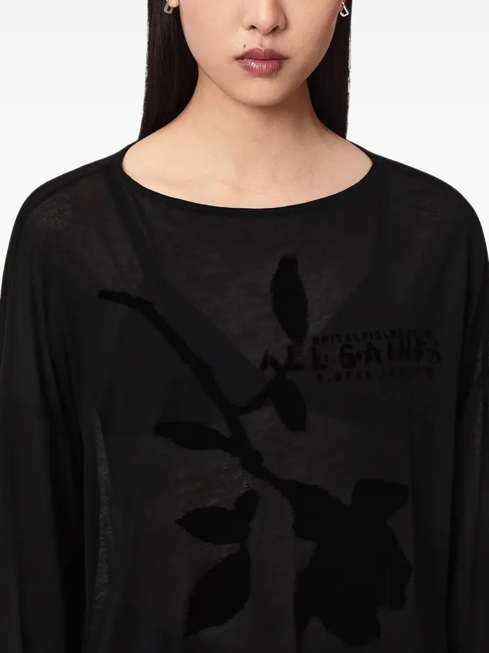 AllSaints Top met bloemen-devoré en boothals Zwart