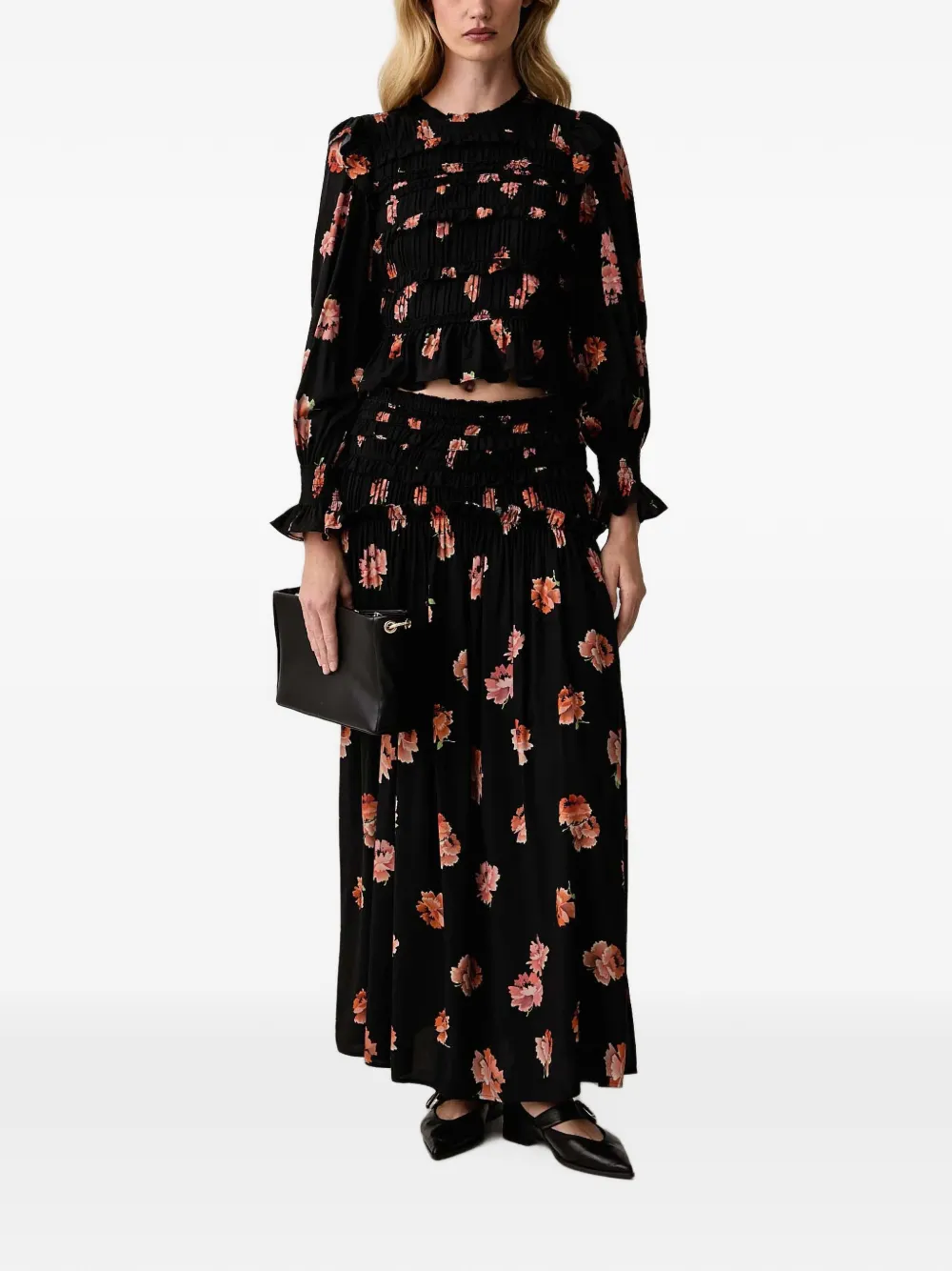 AllSaints Lauren midi-rok met bloemenprint en ruches Zwart