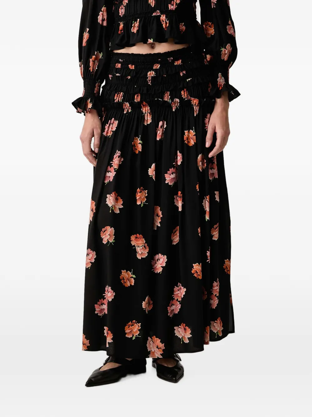 AllSaints Lauren floral-print ruffled midi skirt