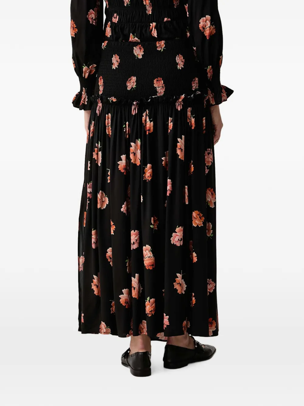 AllSaints Lauren midi-rok met bloemenprint en ruches Zwart