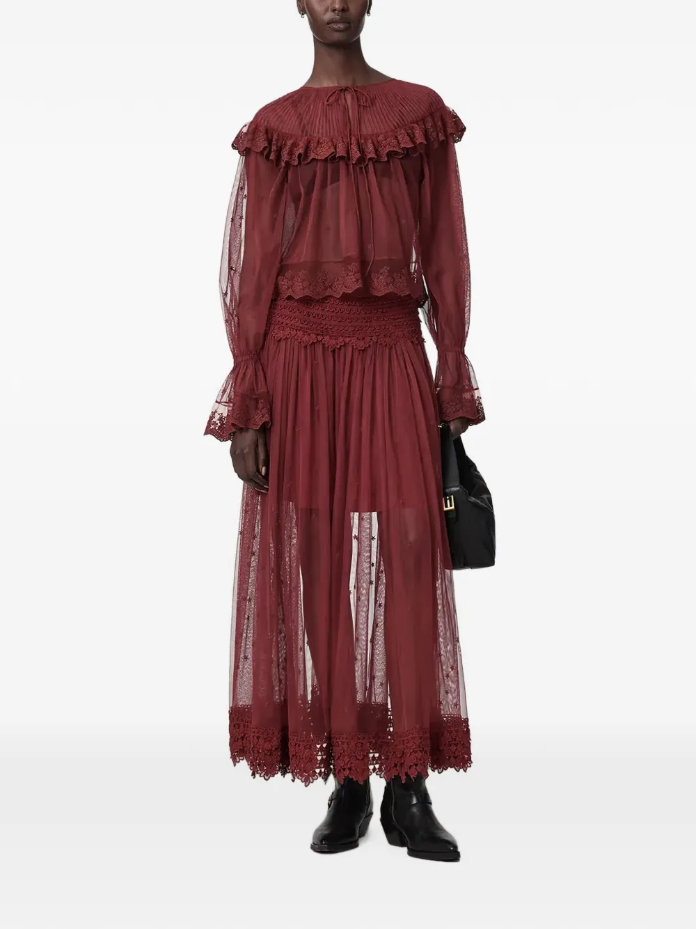 AllSaints Midi-rok met kanten afwerking Rood