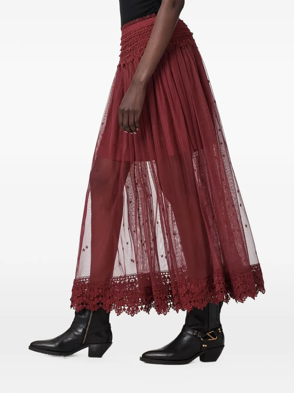 AllSaints Midi-rok met kanten afwerking Rood