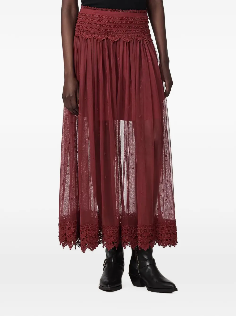 AllSaints lace-trim mesh midi skirt