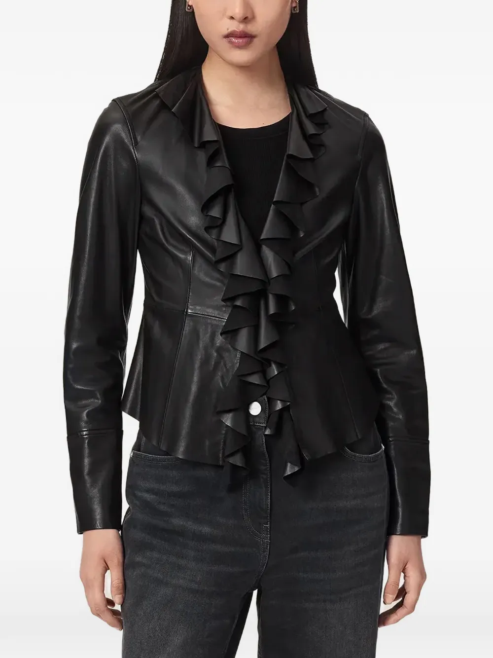 AllSaints Luana ruffled leather jacket