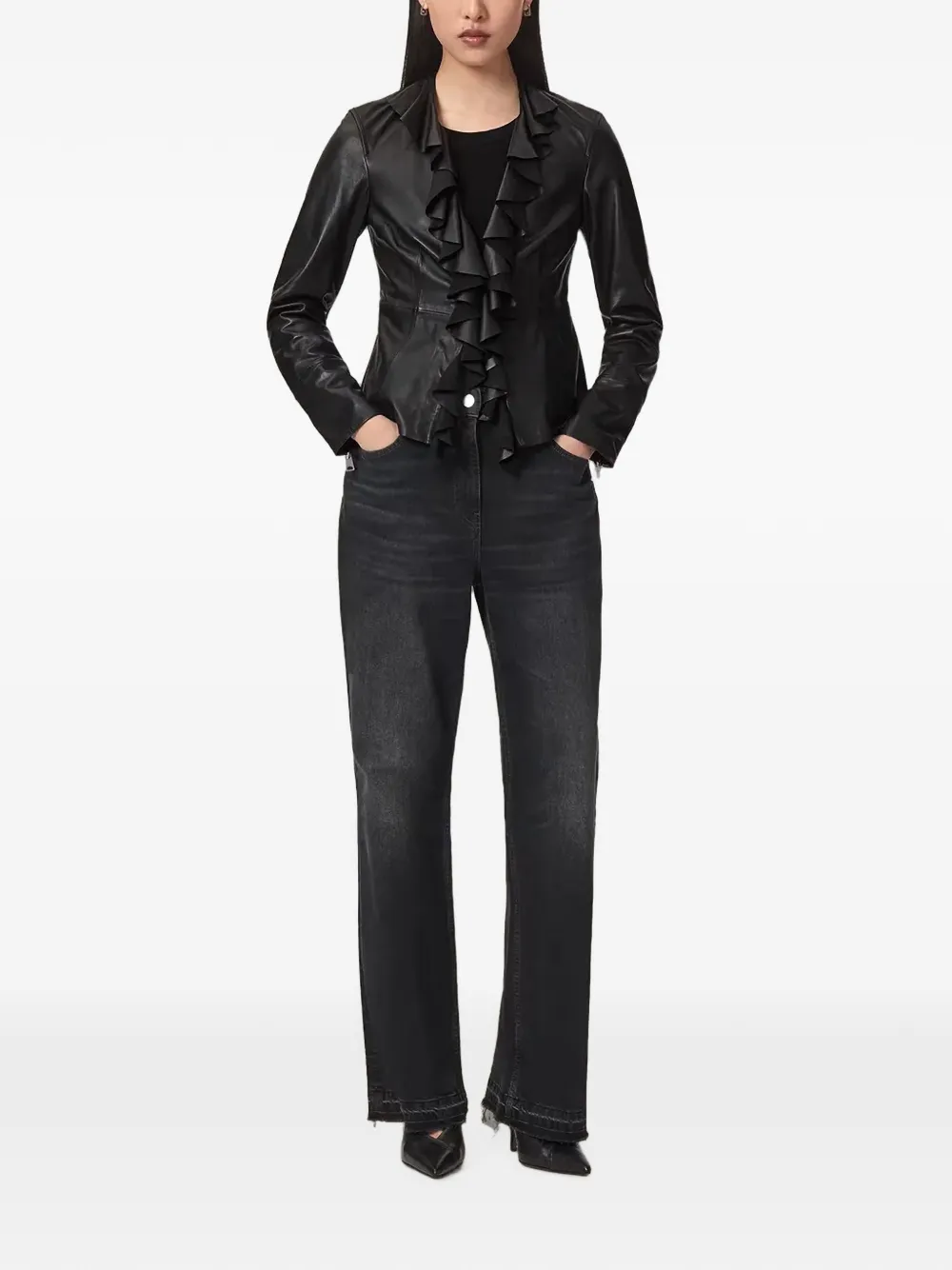 AllSaints Luana leren jack met ruches Zwart