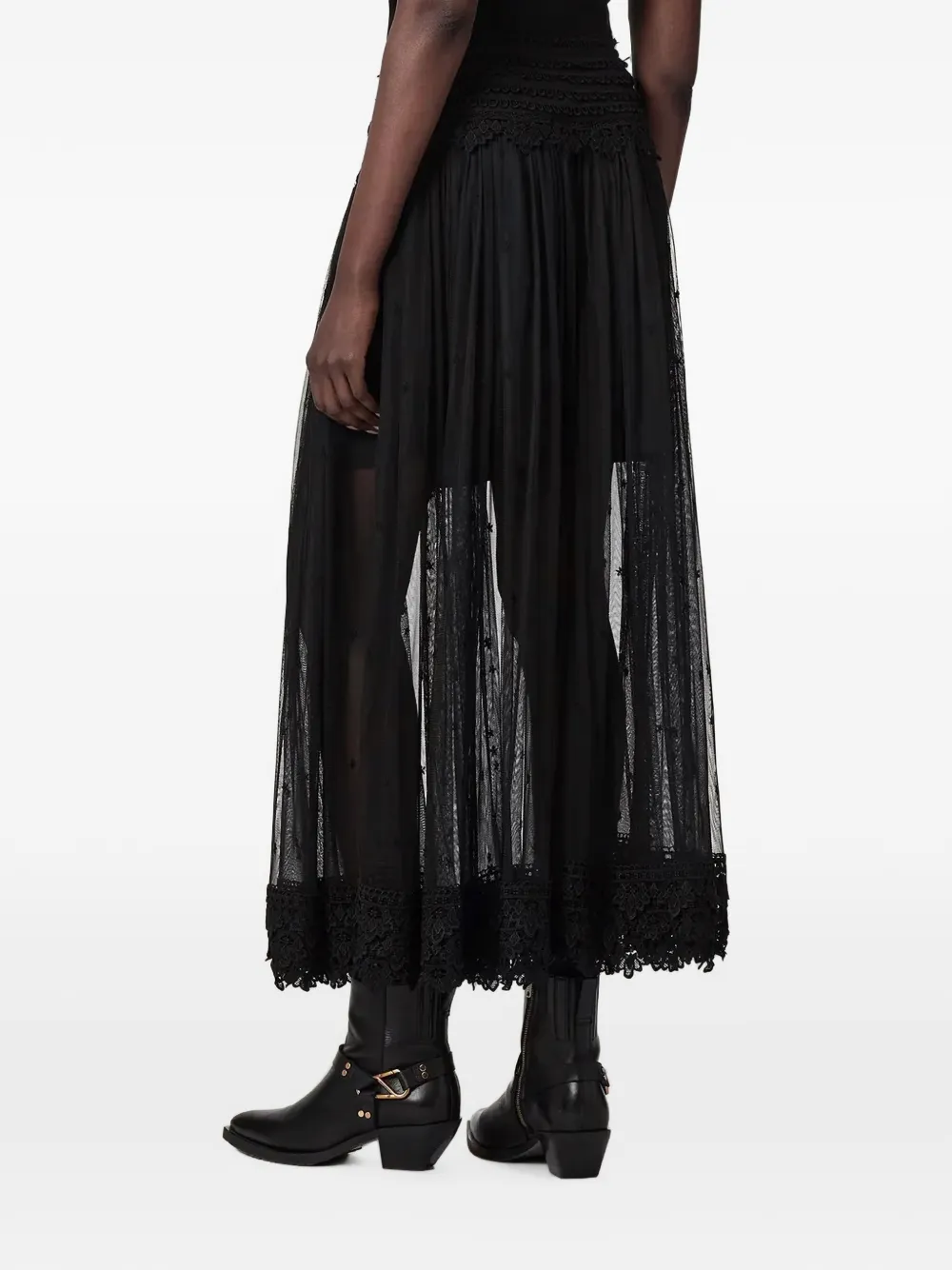 AllSaints Rok van geborduurd mesh met kanten afwerking Zwart