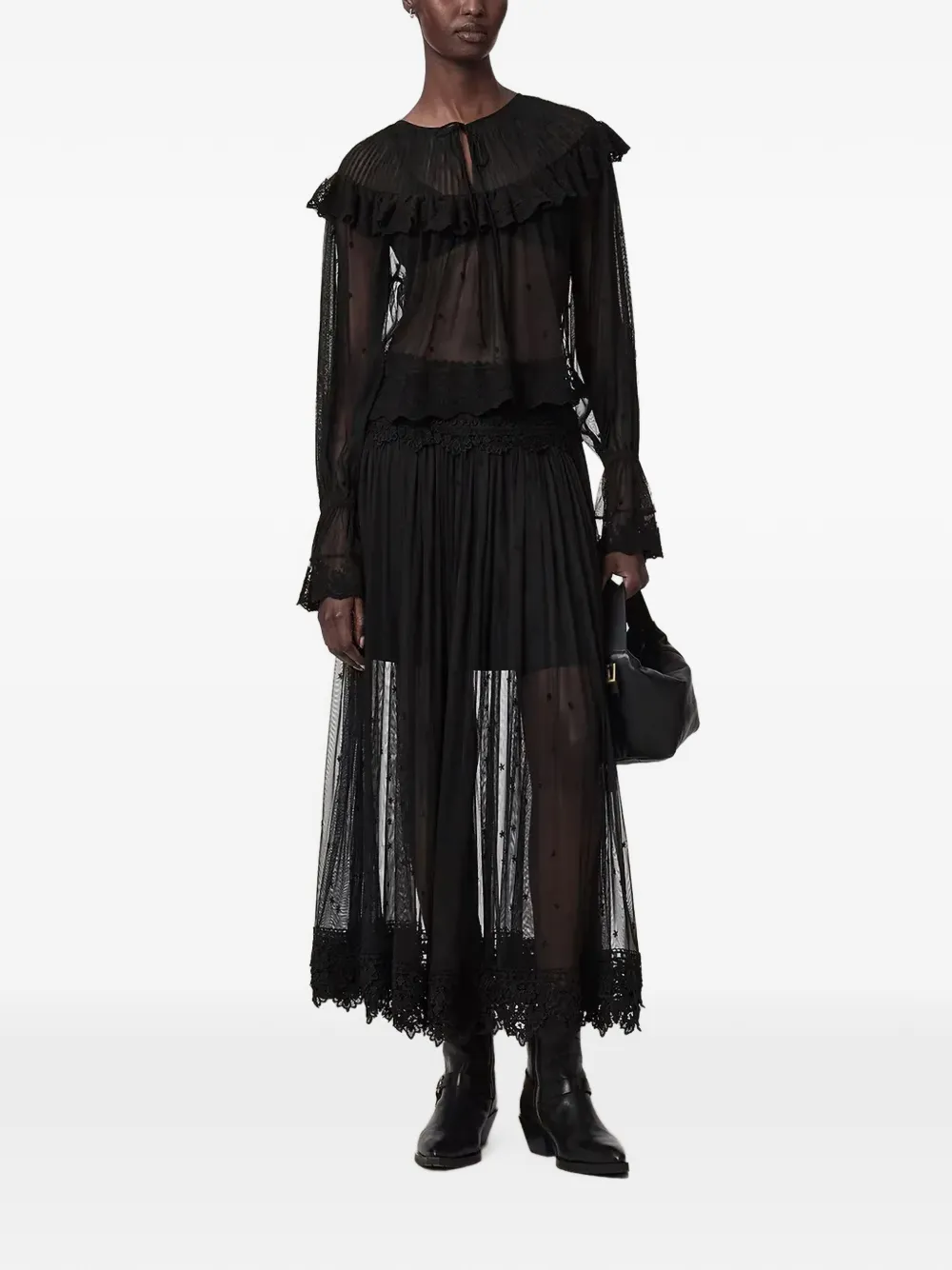 AllSaints Rok van geborduurd mesh met kanten afwerking Zwart