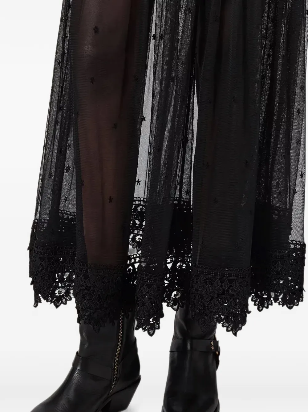 AllSaints Rok van geborduurd mesh met kanten afwerking Zwart