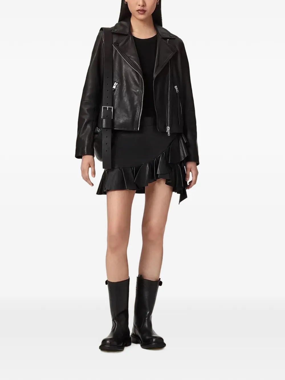 AllSaints Luana ruffled leather skirt Zwart