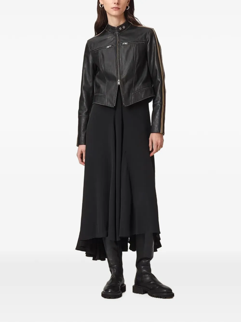 AllSaints Tiggy leren jack met zijstreep Zwart