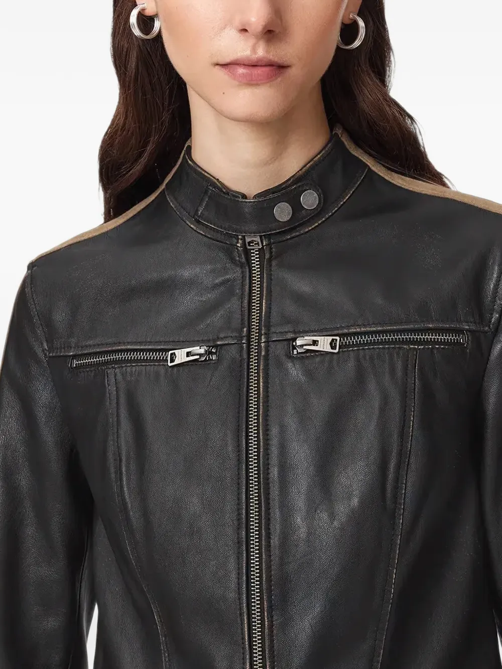AllSaints Tiggy leren jack met zijstreep Zwart