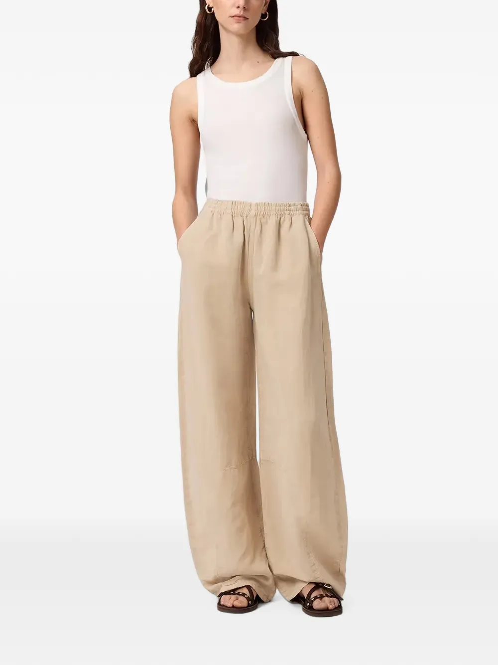 AllSaints Jet broek met elastische taille en wijde pijpen Beige