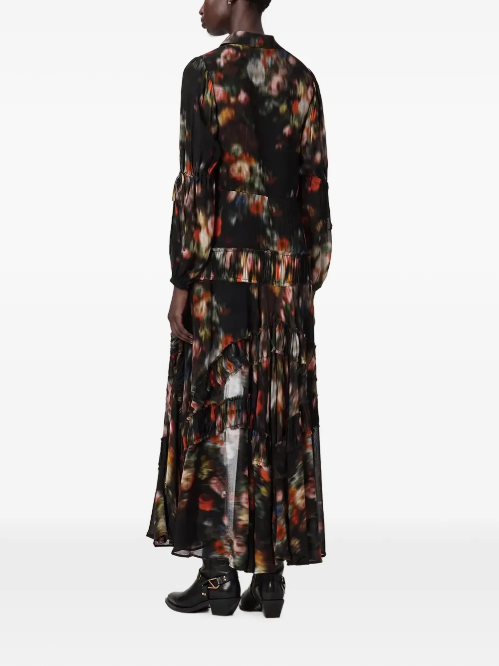 AllSaints Jurk met bloemenprint en ruches Zwart