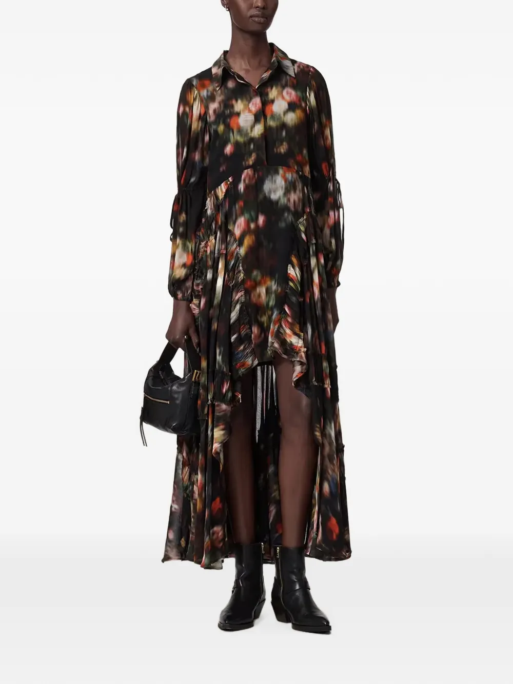 AllSaints Jurk met bloemenprint en ruches Zwart