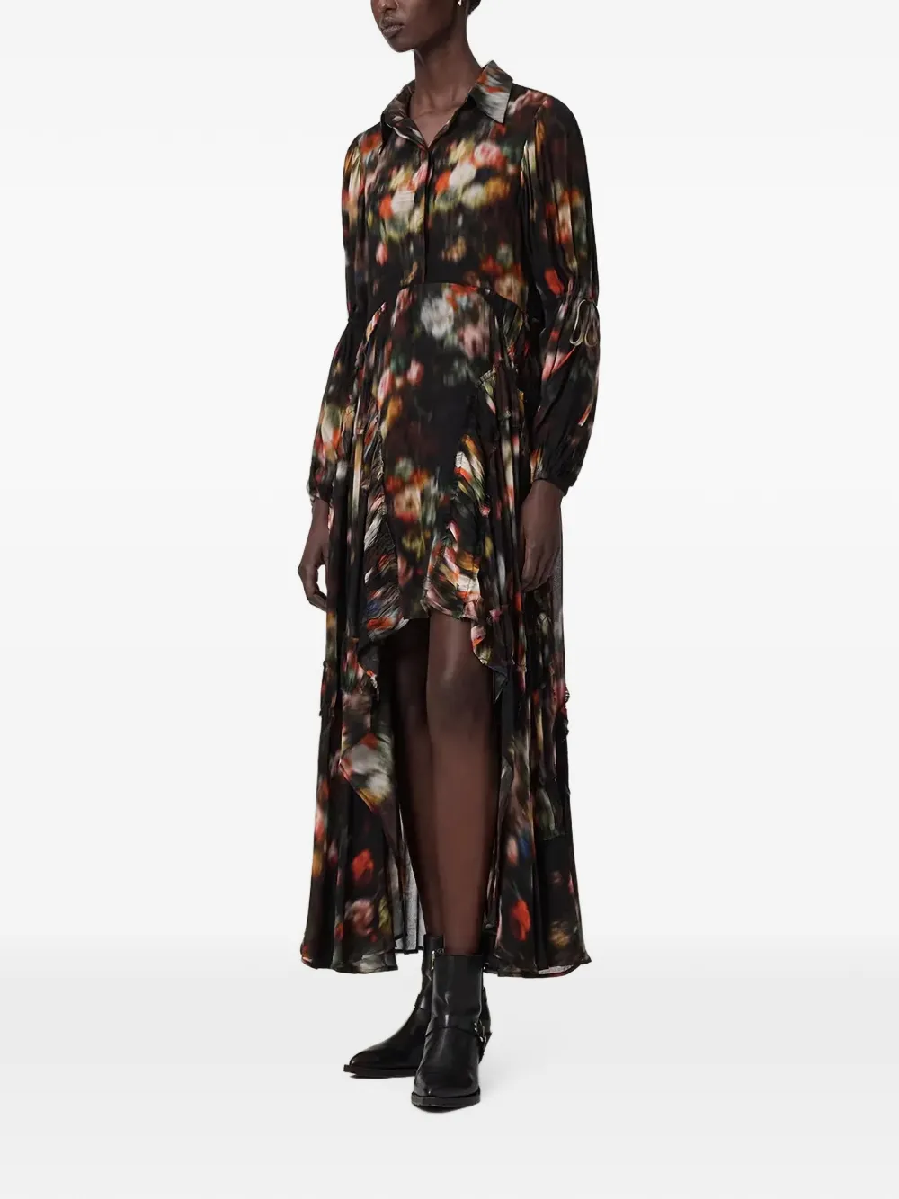AllSaints Jurk met bloemenprint en ruches Zwart