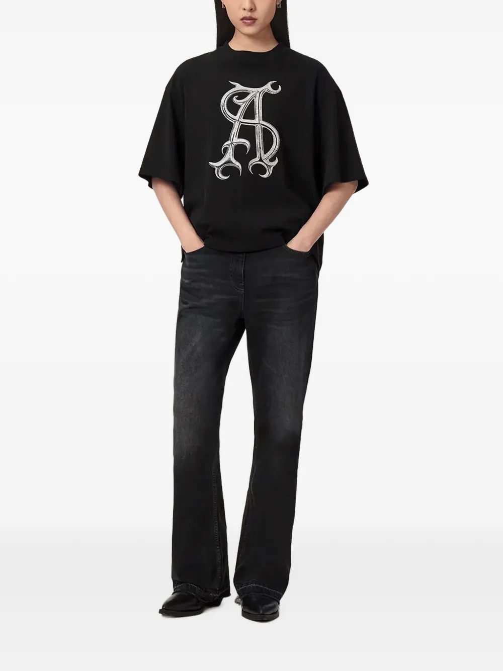 AllSaints Amelie oversized T-shirt met grafische print Zwart