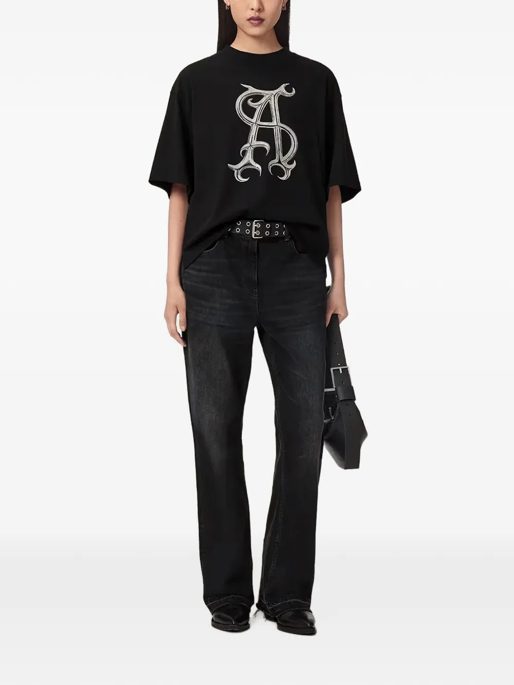 AllSaints Amelie oversized T-shirt met grafische print Zwart