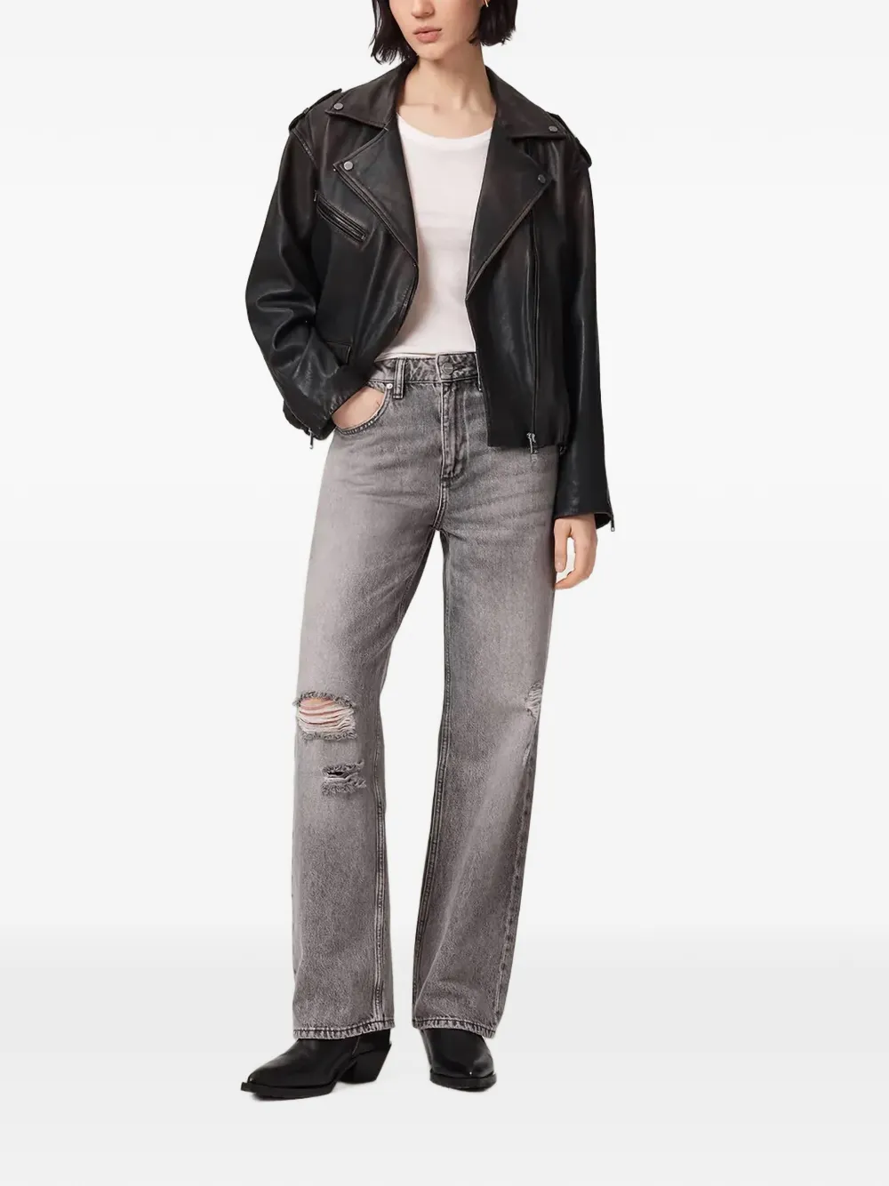 AllSaints Samina leren bikerjack Zwart