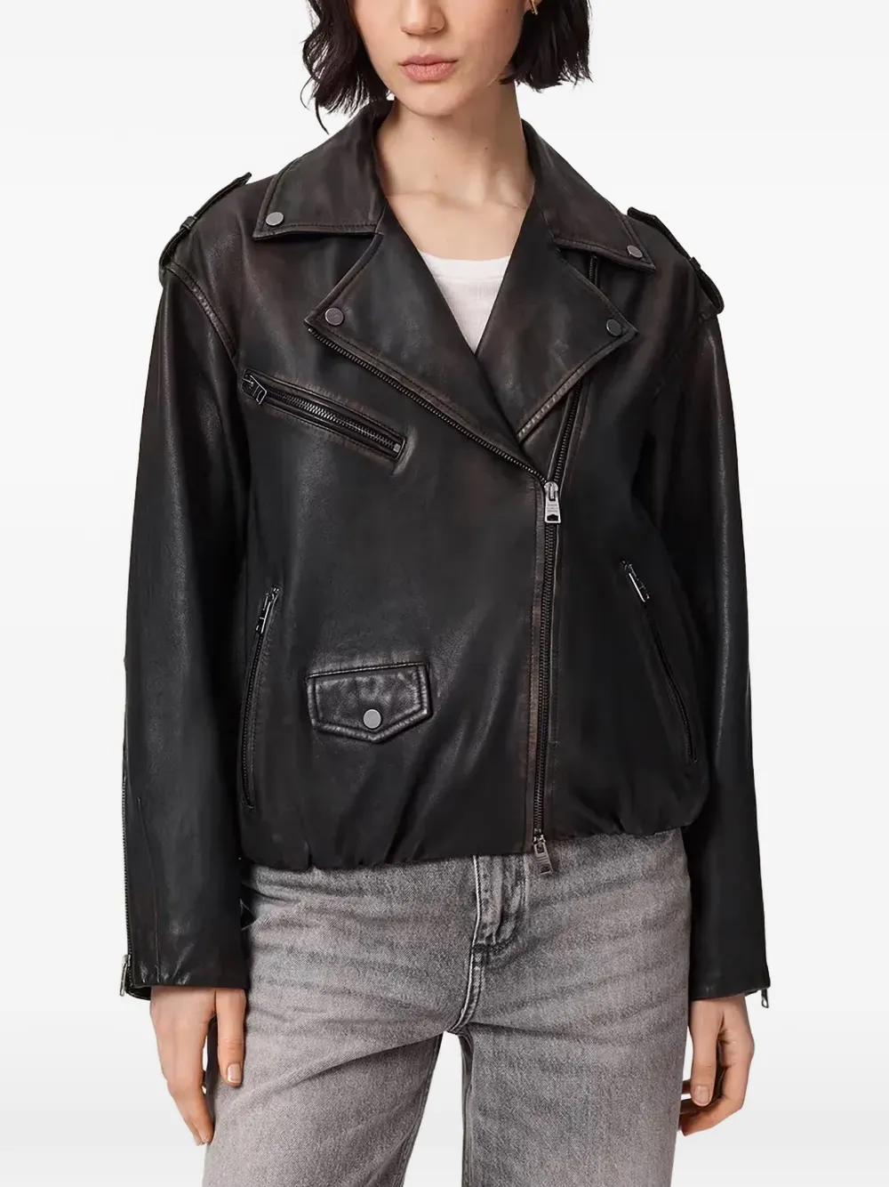 AllSaints Samina leren bikerjack Zwart