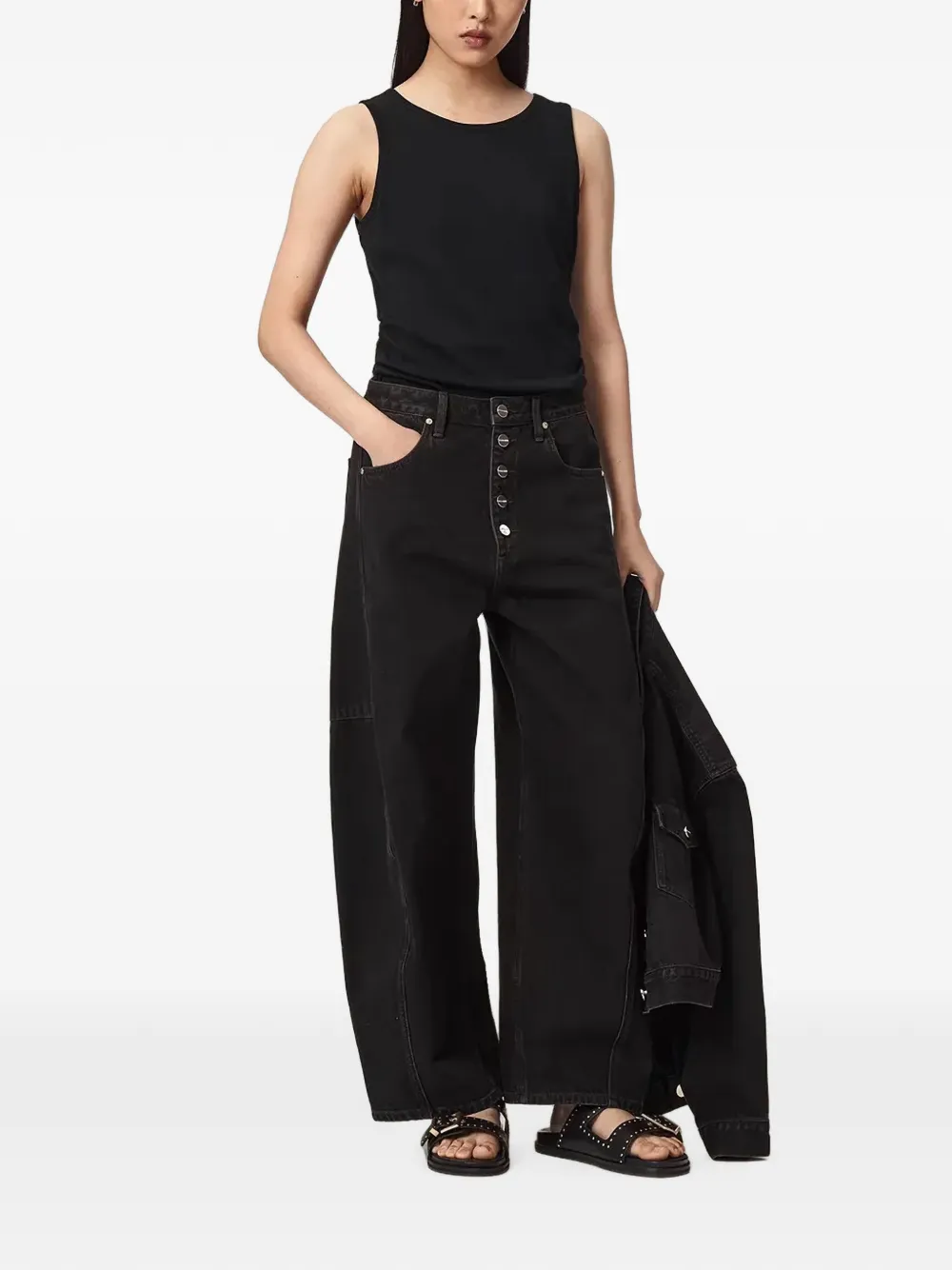 AllSaints Carter jeans met knopen en barrelpijpen Zwart