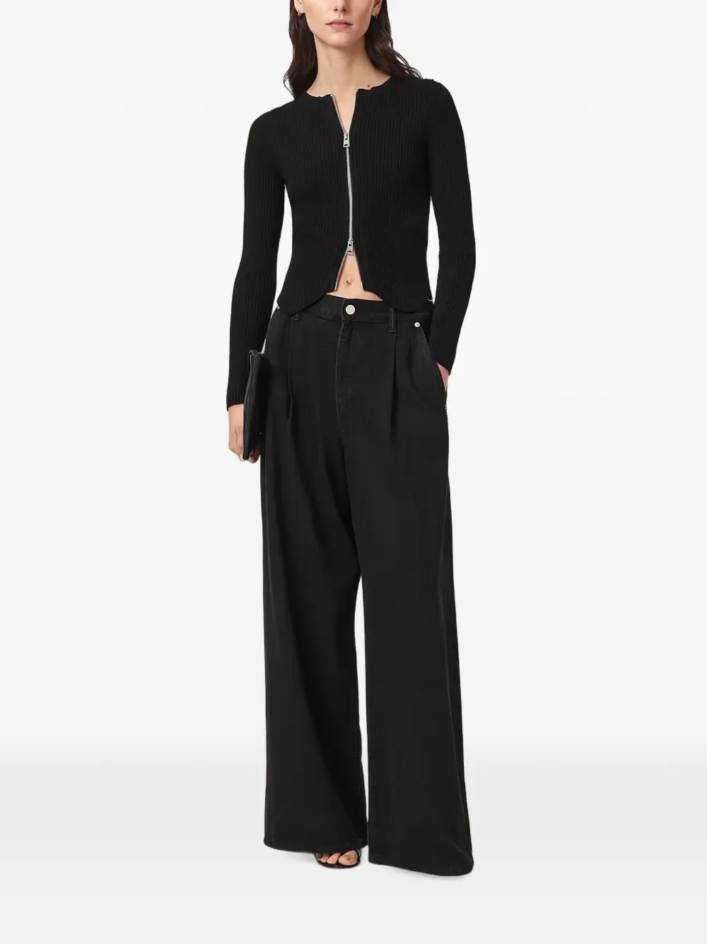 AllSaints ribbed-knit zip-up cardigan Zwart