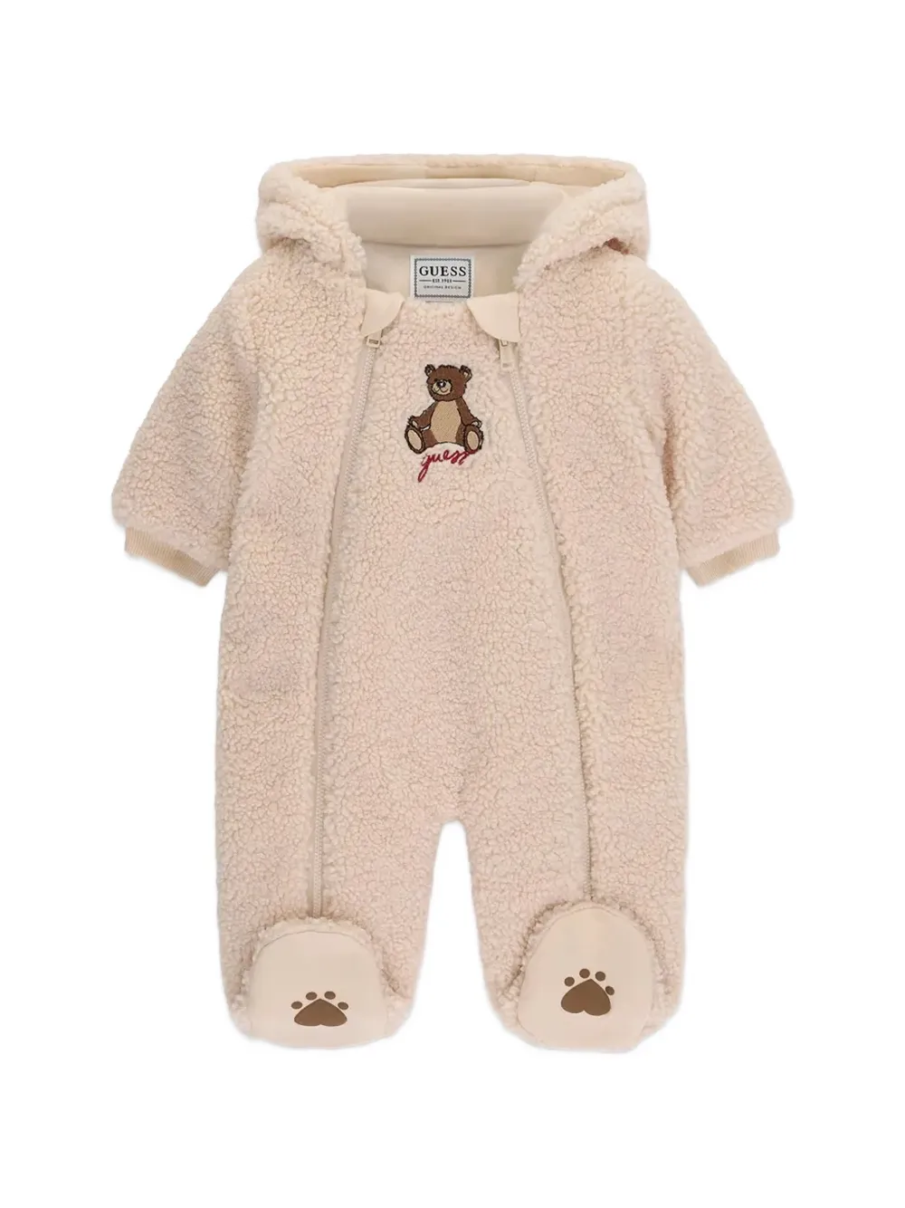 Guess kids bear-embroidered hooded snowsuit Beige