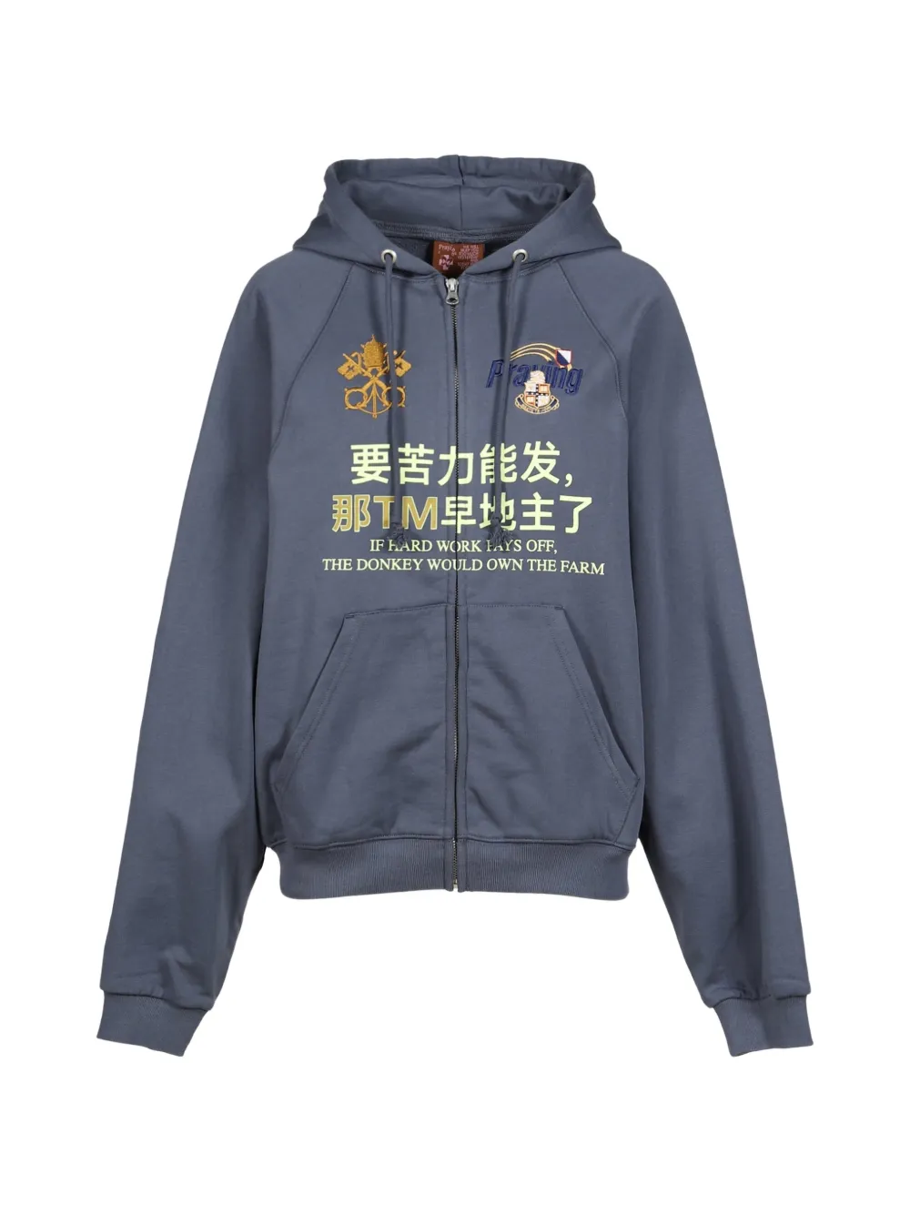 Praying Hard Work Embroidered Zip-up Hoodie In Gray
