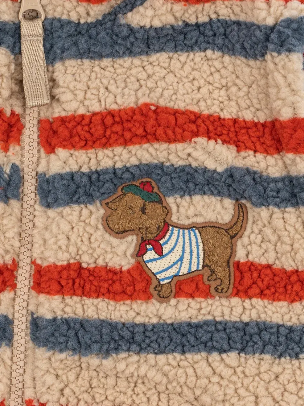 Konges Sløjd Jody gestreepte bodywarmer met hond-patch en teddy-textuur Beige