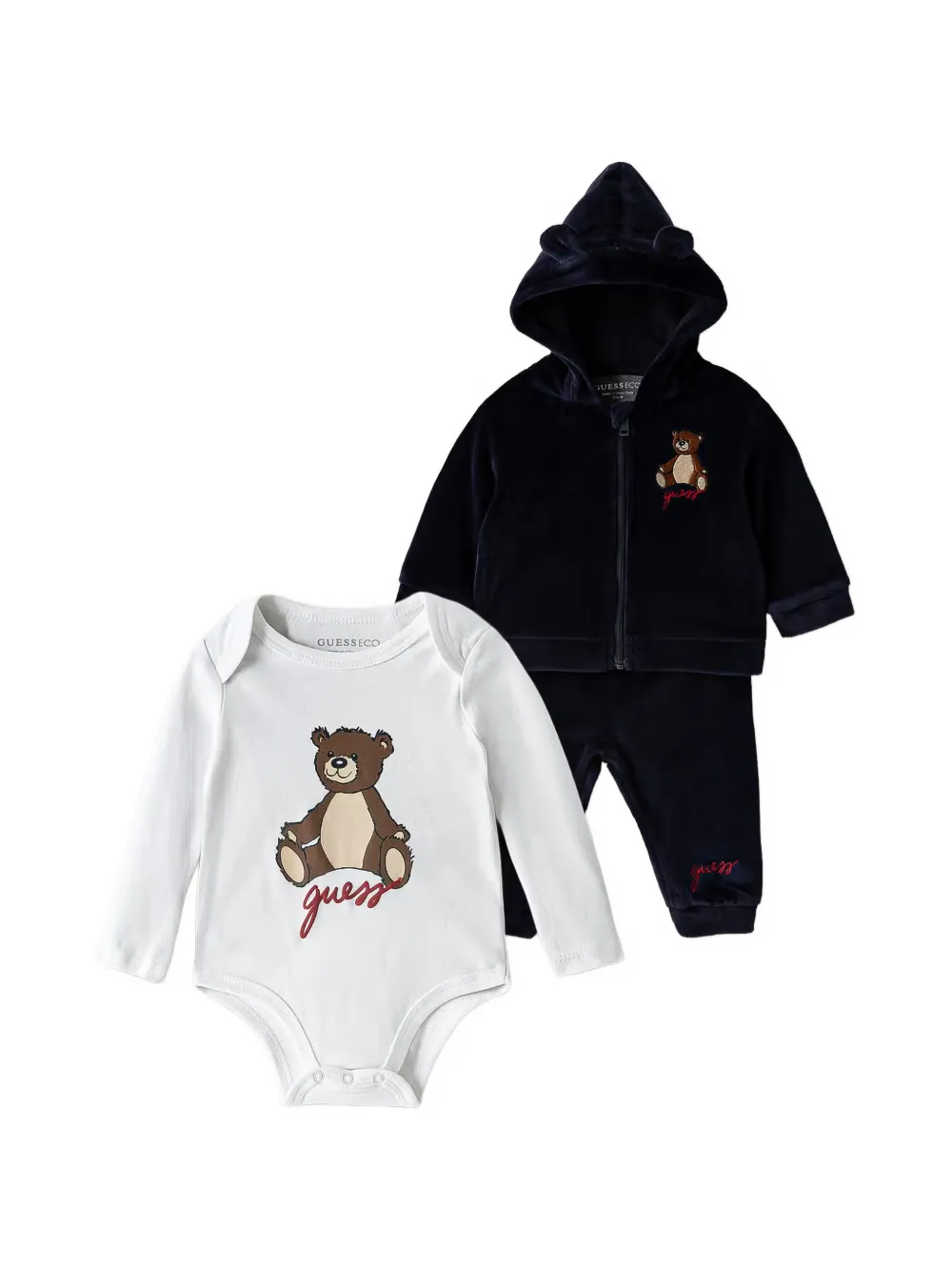Guess kids bear-patch velvet-effect tracksuit set (set of three) Blauw