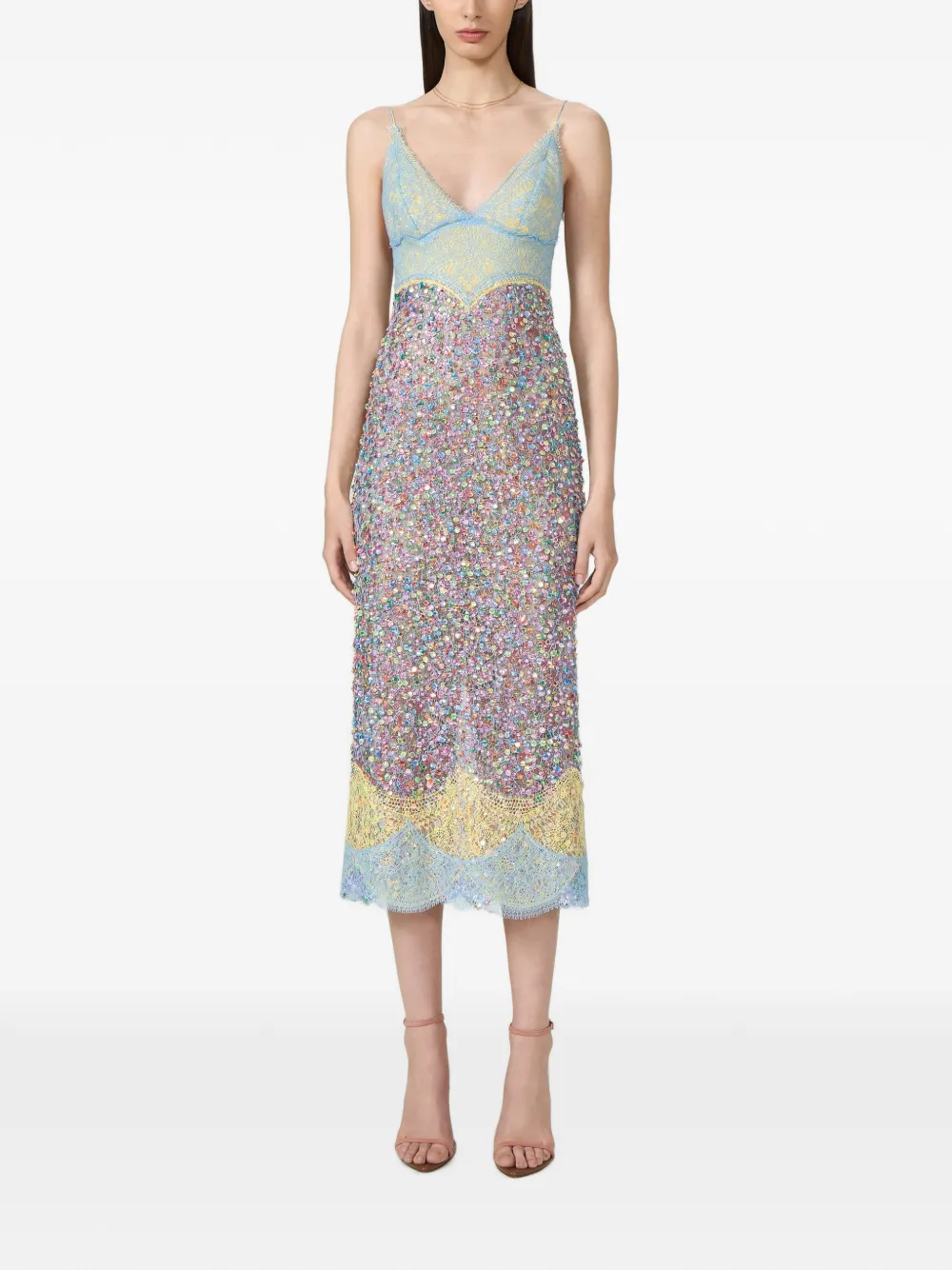Costarellos Alessia Chantilly midi-jurk met kant en pailletten Blauw