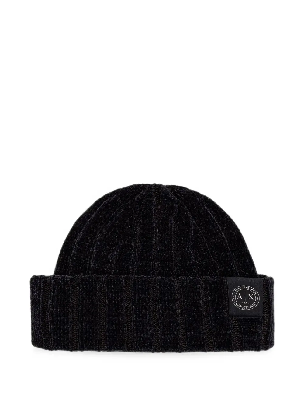 Armani Exchange ribbed-knit logo-patch beanie hat