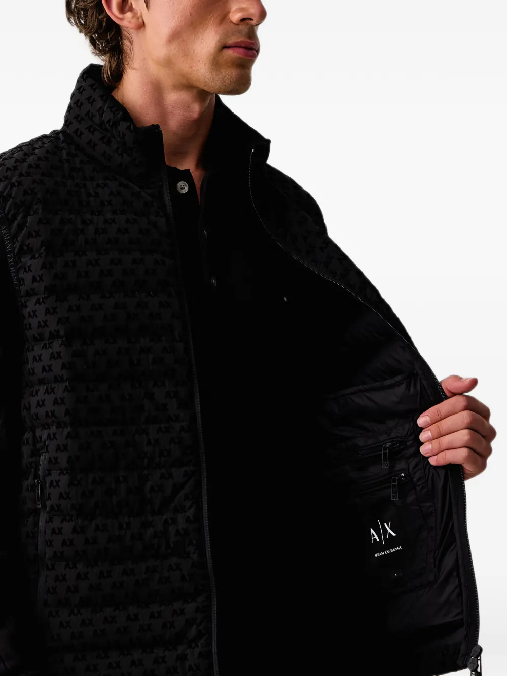 Armani Exchange all-over logo-print quilted gilet Zwart