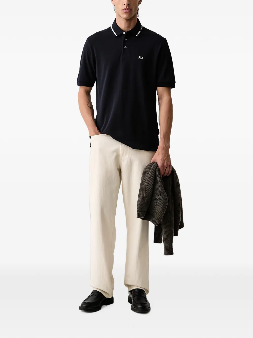 Armani Exchange logo-embroidered tipped polo shirt Blauw