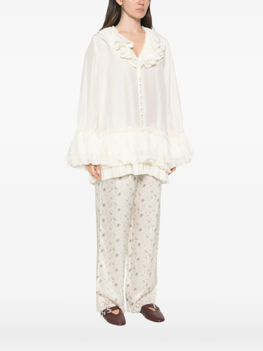 GANNI Gelaagde blouse met ruches Wit