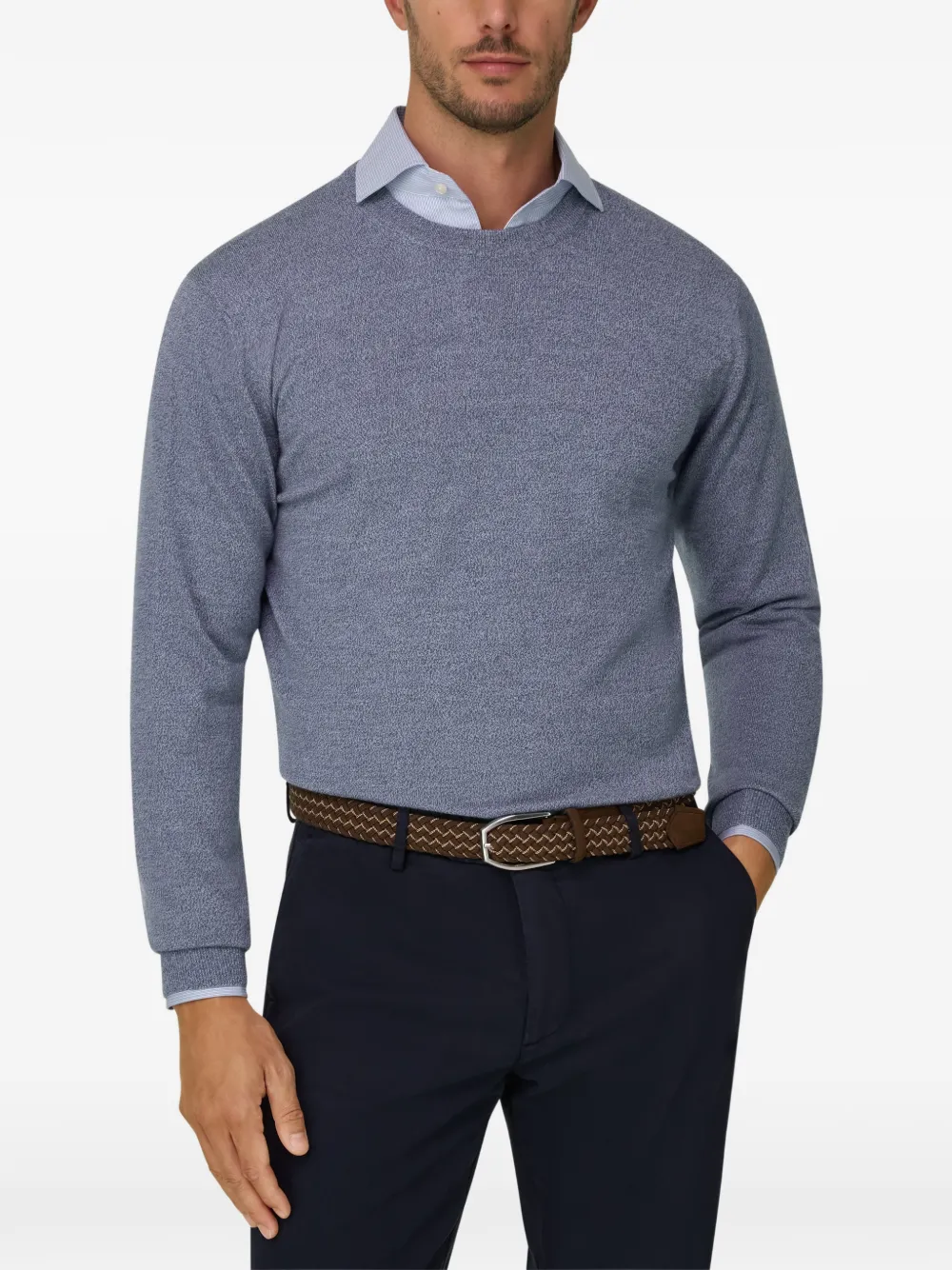 Boggi Milano Trui van merinowol cashwool mouliné met ronde hals Blauw