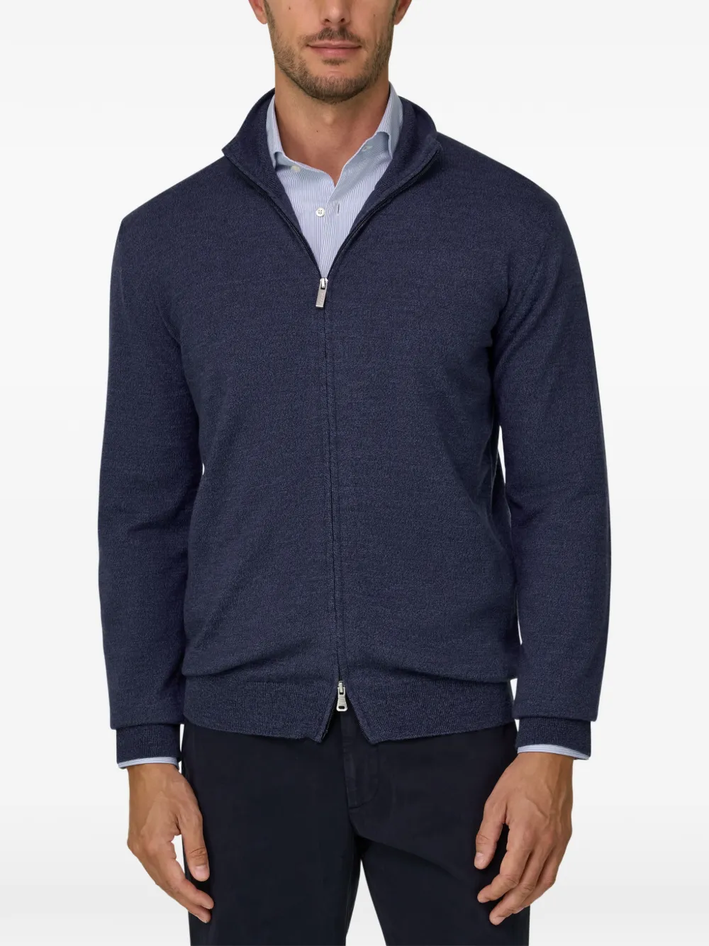 Boggi Milano Trui van merinowol Cashwool mouliné met rits Blauw