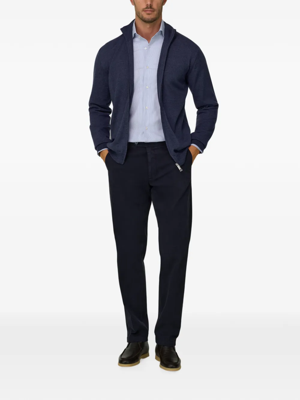 Boggi Milano Trui van merinowol Cashwool mouliné met rits Blauw
