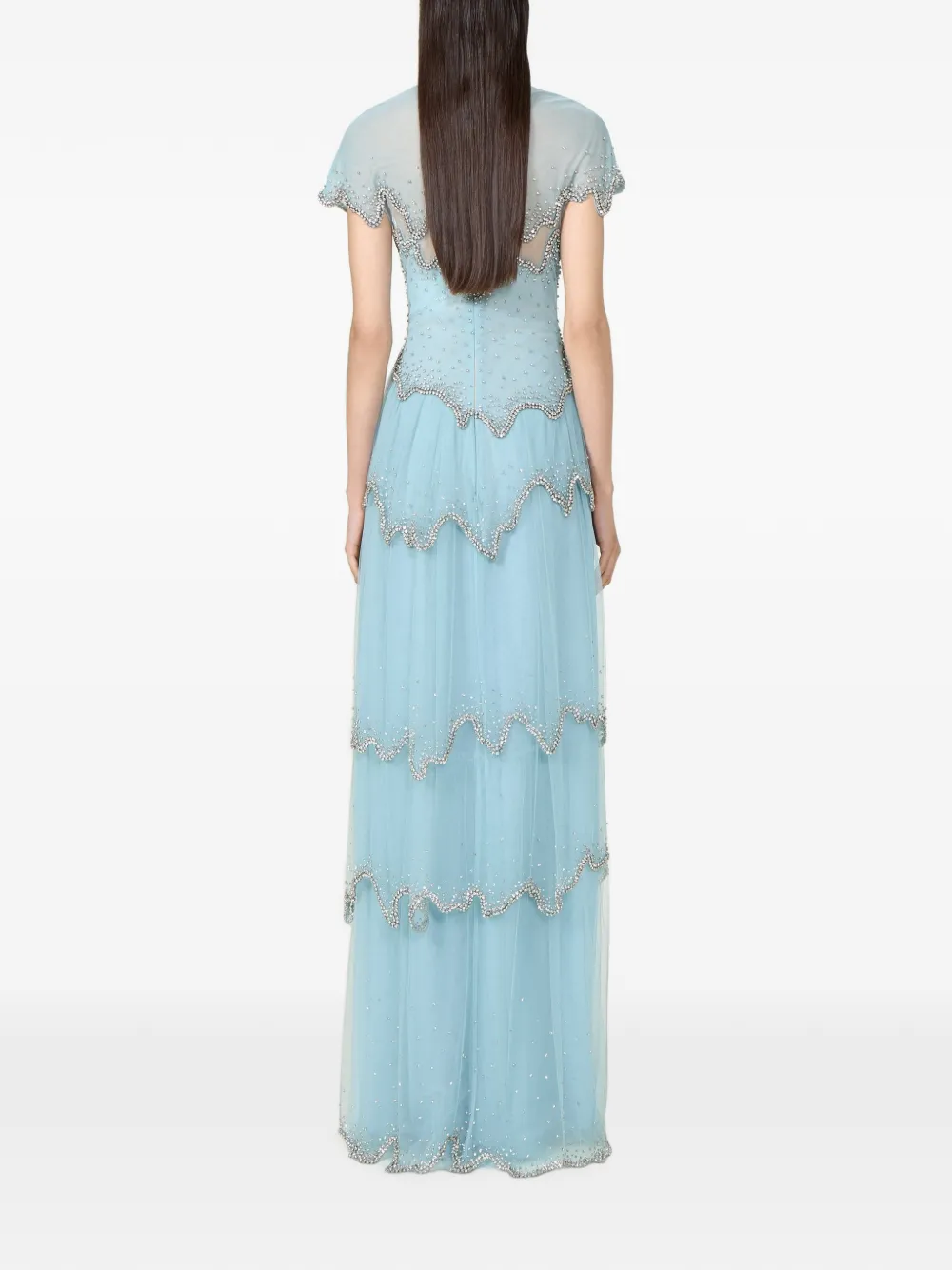 Costarellos Zaria crystal-embellished tiered gown Blauw