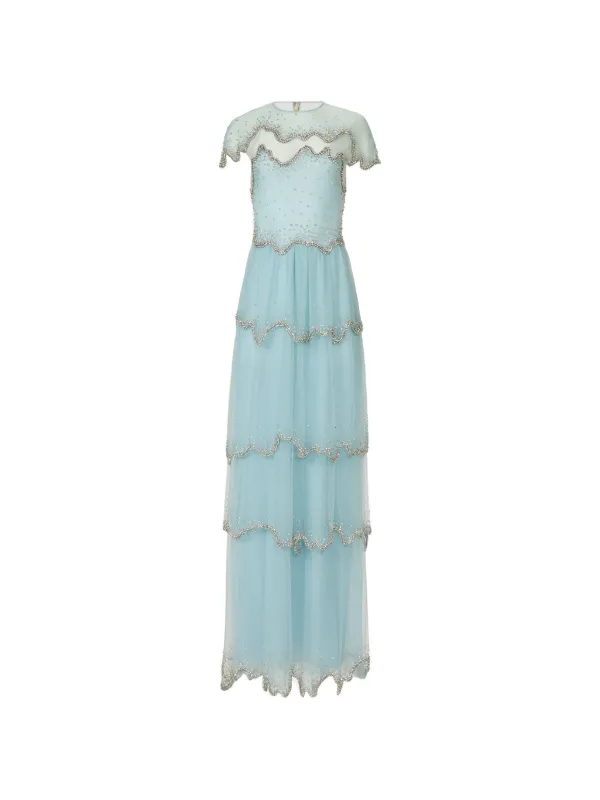 Costarellos Zaria Crystal-embellished Tiered Gown in Blue